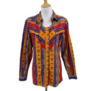 Vintage Rodeo Shirt Womens L Large Multi Western Wear Frontier Country Button Up